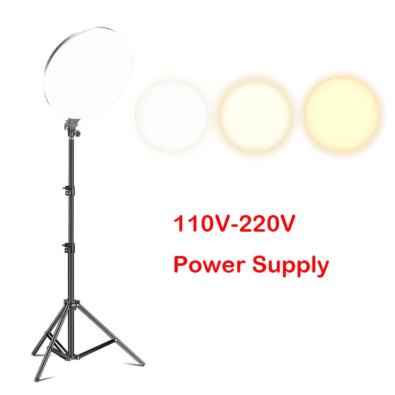 Circular LED ring light on a black adjustable tripod stand with three adjustable color temperature settings.