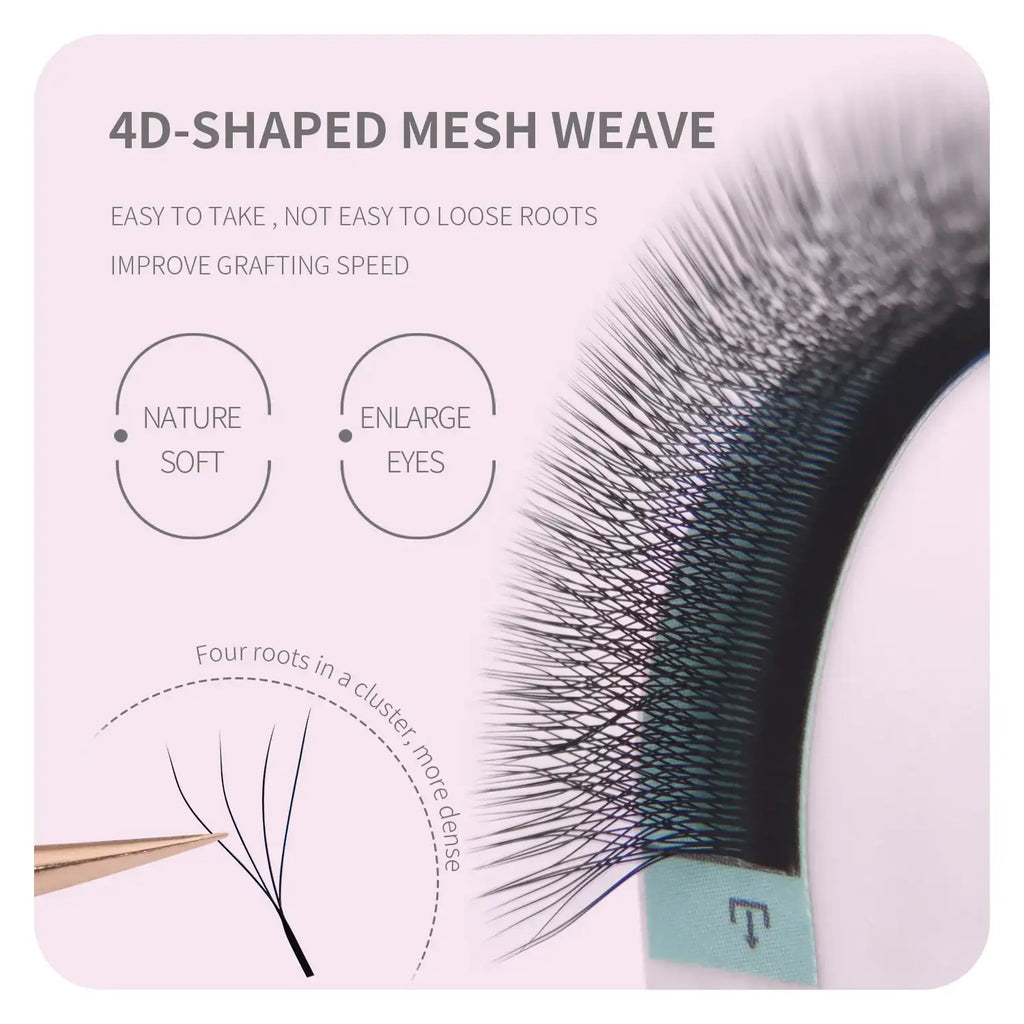 4D mesh weave false eyelashes arranged in clusters of four black synthetic fibers for eyelash extension application.