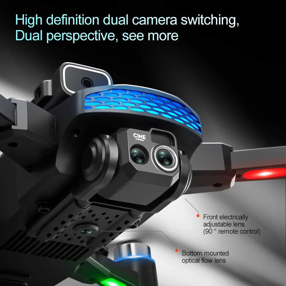 Black quadcopter drone with front and bottom-mounted cameras, blue LED accent, and adjustable motorized lens.