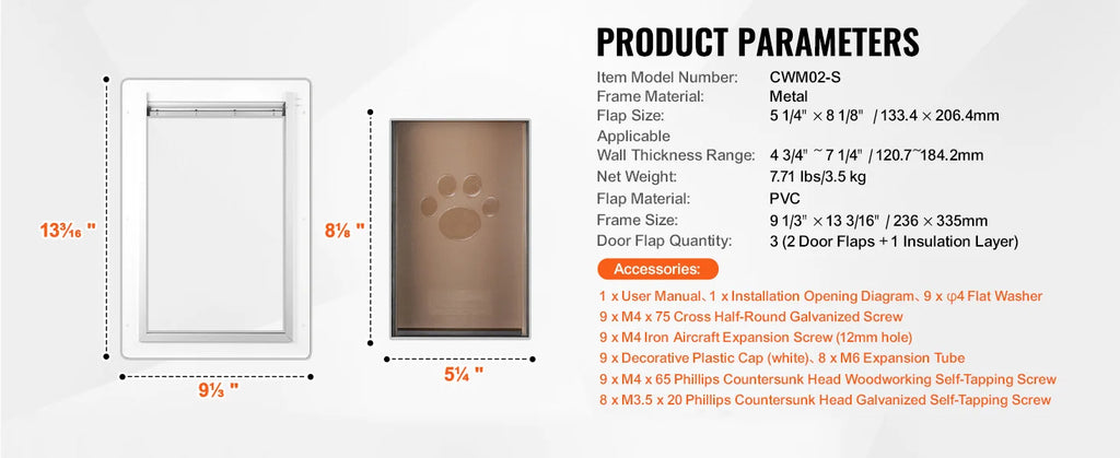 SucceBuy metal pet door with 3-flap weatherproof system and lock for easy wall installation. Small size specs included.