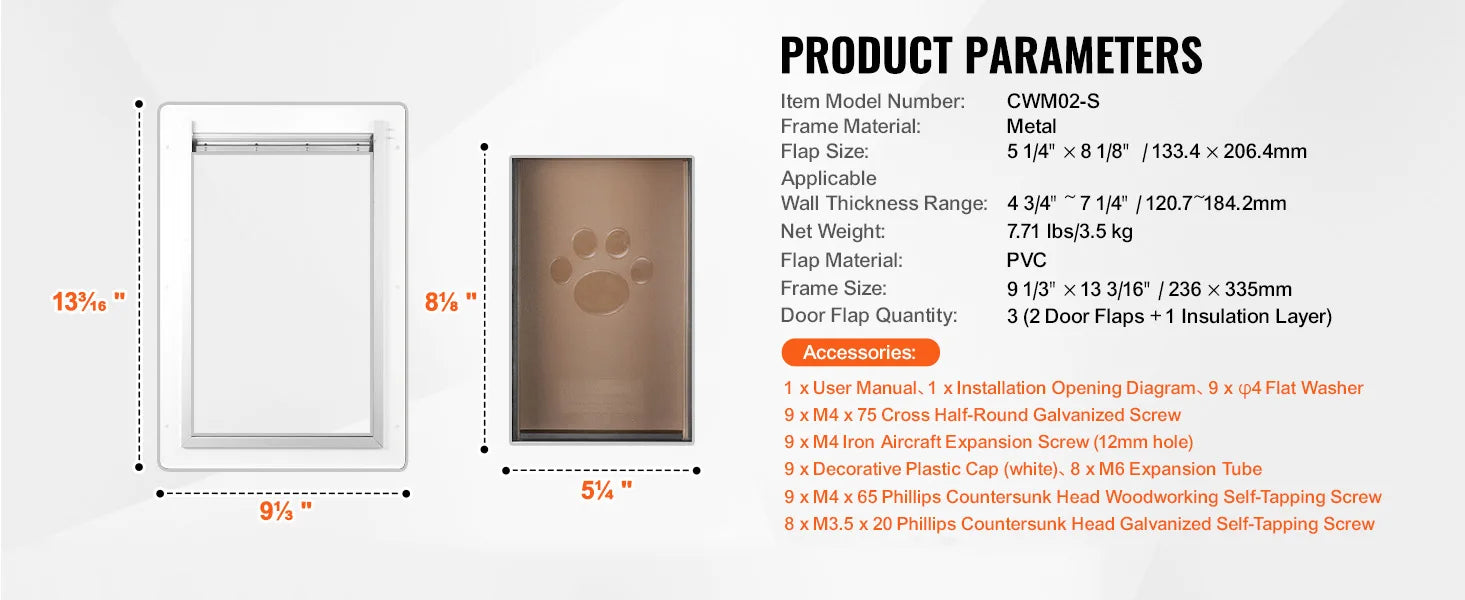 SucceBuy metal pet door with 3-flap weatherproof system and lock for easy wall installation. Small size specs included.
