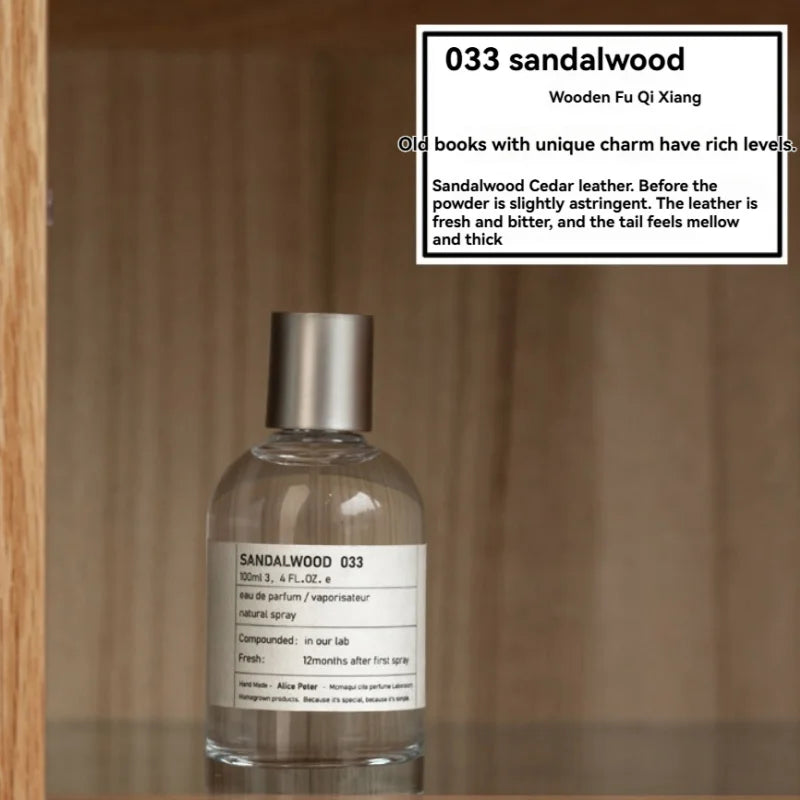 033 Sandalwood 100ml unisex Eau de Parfum, clear round bottle, notes of sandalwood, cedar, and leather fragrance.