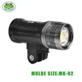 MK-02 black aluminum underwater LED flashlight with a mounting bracket for action cameras.
