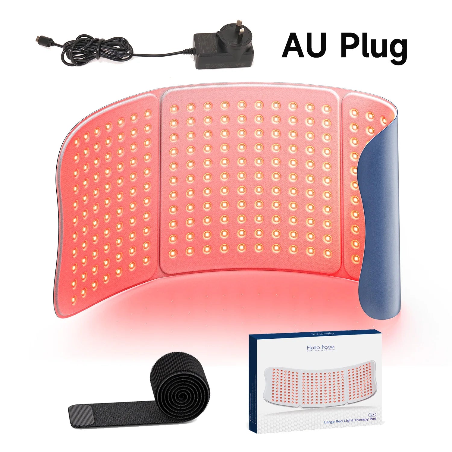 Large, tri-fold flexible red light therapy mat emitting red light, with an AU plug power adapter and Velcro strap.