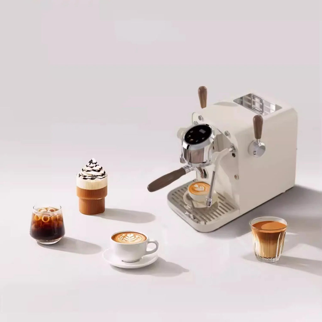 Cream-colored espresso machine with wood-accented portafilter and levers, featuring a digital display and cups of coffee.