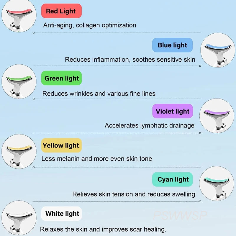 T-shaped facial massager with interchangeable light therapy colors for skincare, anti-aging, and soothing treatments.