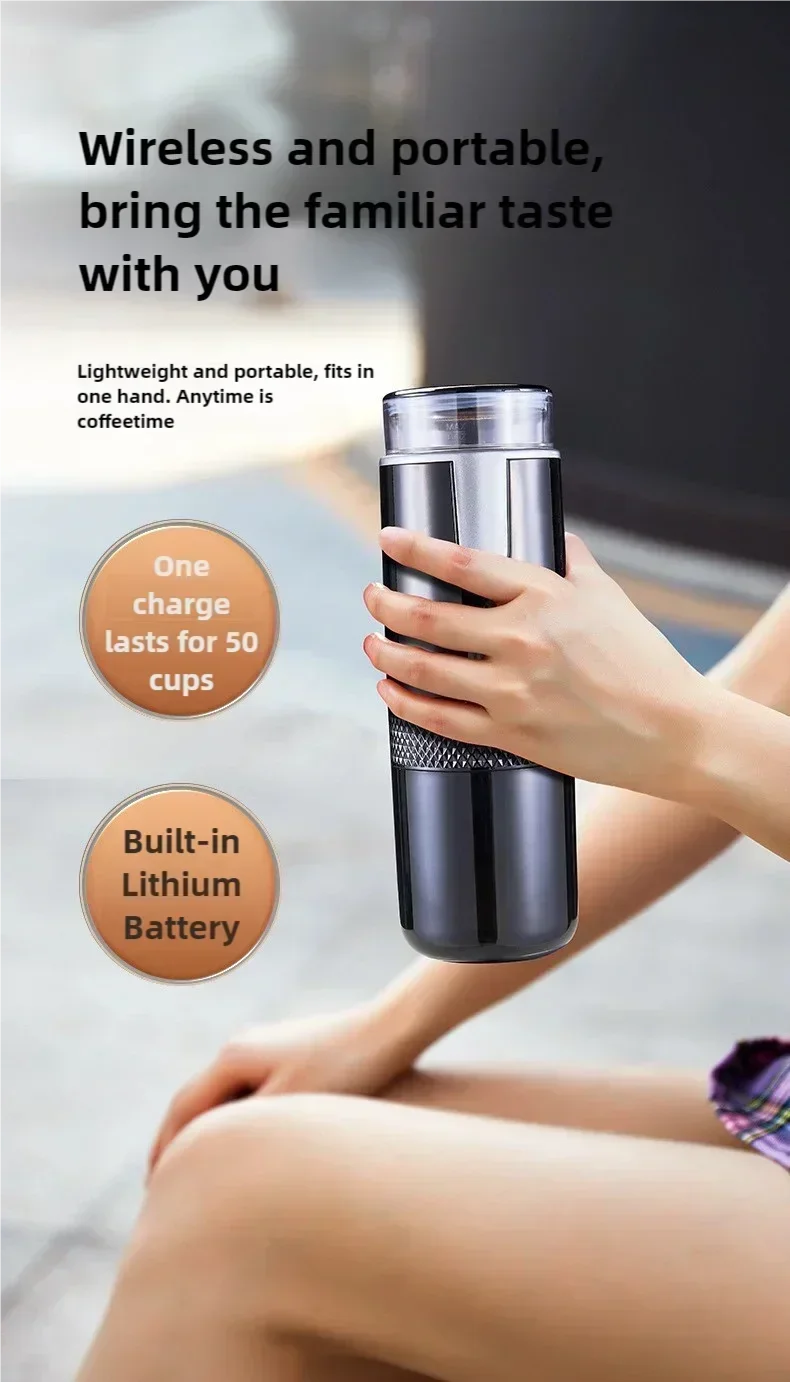 Handheld wireless portable coffee maker in black, sleek cylindrical design with built-in rechargeable lithium battery.