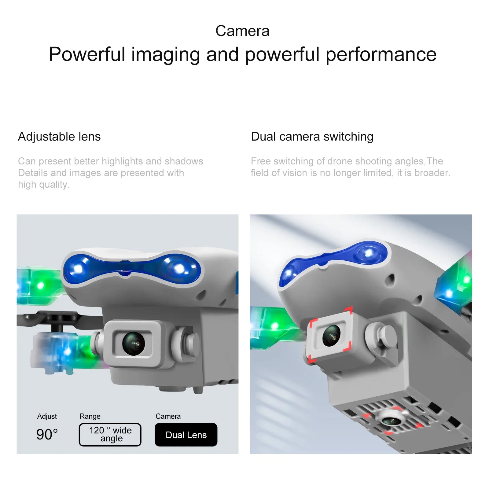 Grey dual-lens drone camera with 90-degree adjustable angle and 120-degree wide-angle view for aerial photography.