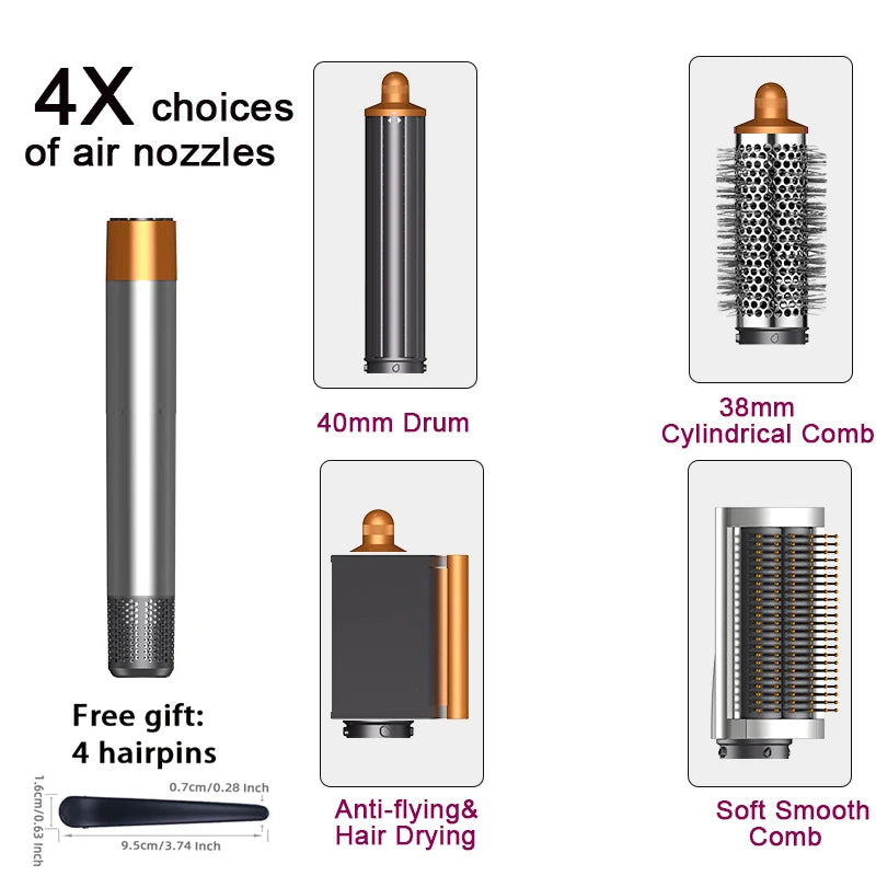 SenCiciMen 6-in-1 hair styler with 4 gold and grey attachments, curling barrels, and brushes for professional styling.