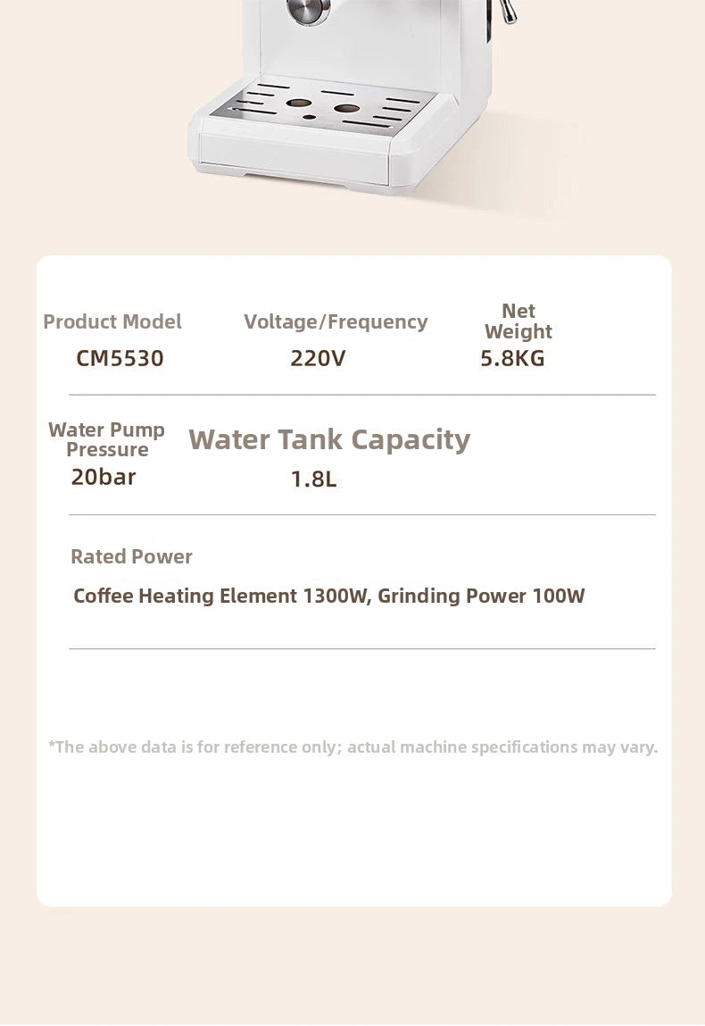 White CM5530 espresso machine with 20-bar pump, 1.8L tank, and integrated grinder features on a spec sheet.