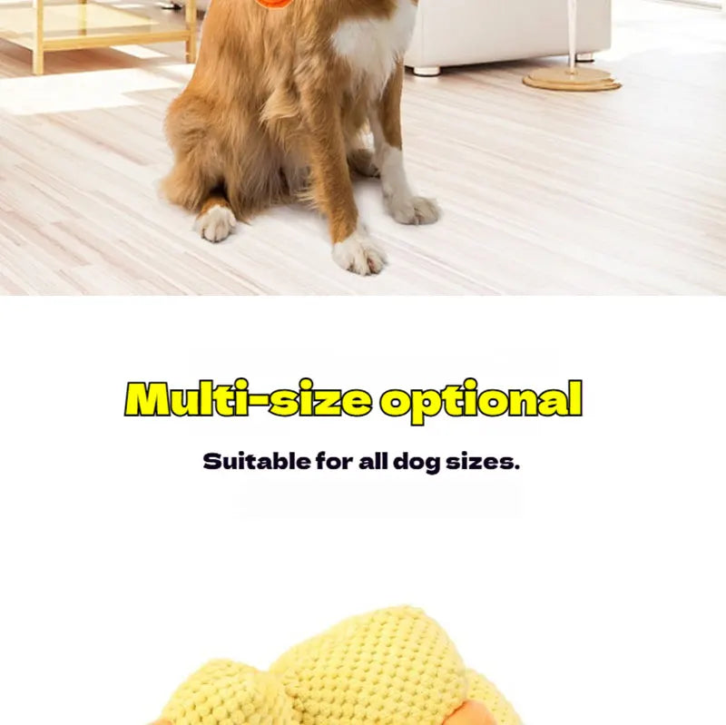 Dog playing with a bite-resistant yellow plush duck toy. Durable interactive pet companion to relieve boredom.