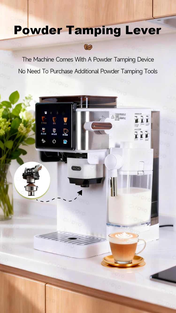 Cafovo white automatic espresso machine with built-in tamper lever, milk frother, and touchscreen display.