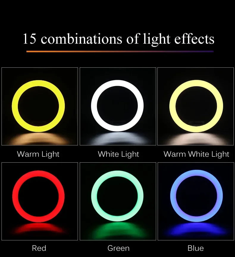 Ring light showing 15 color combinations including red, green, blue, and various white tones for photography lighting.