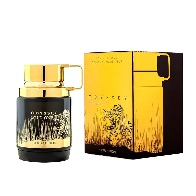 Armaf Odyssey Wild One Gold Edition: Unisex woody Eau de Parfum in a black and gold tiger-themed bottle.