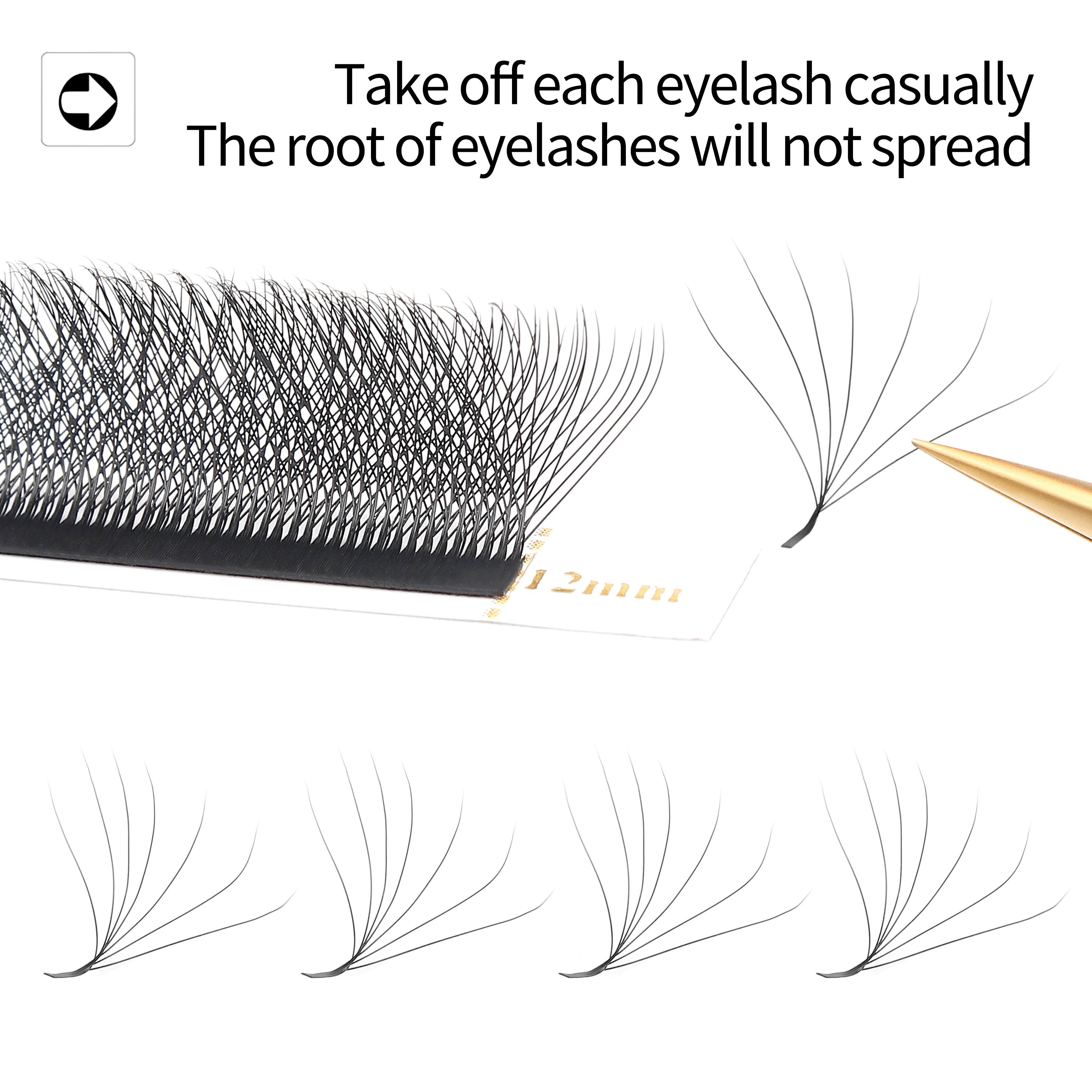 Black 12mm eyelash extension fans on an adhesive strip, designed for easy removal and professional lash application.