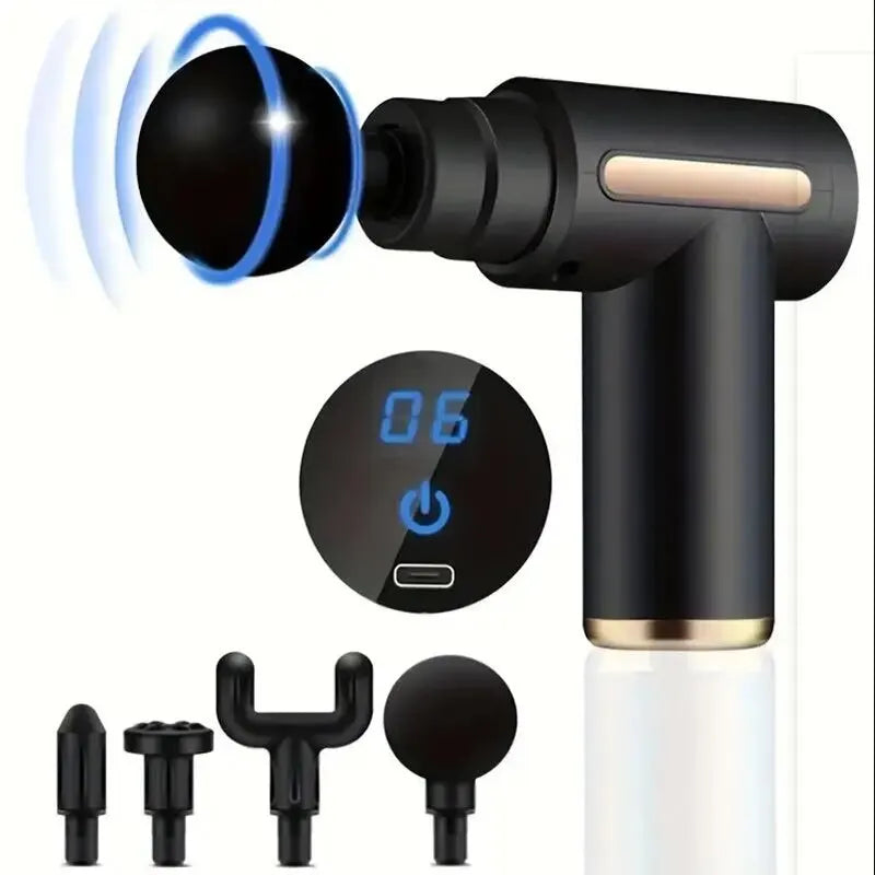 Black handheld muscle massage gun with digital display, gold accents, and four interchangeable attachment heads.