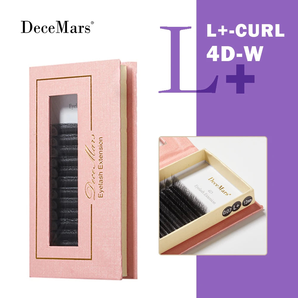 L+ curl 4D-W eyelash extensions in a pink box, 0.07mm thickness, 12mm length, black synthetic fibers.