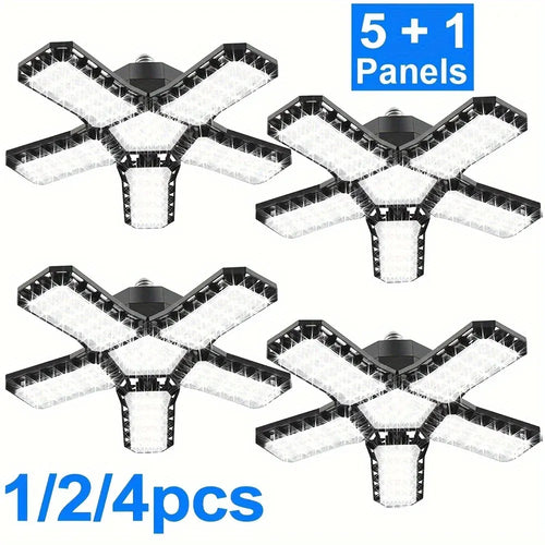 LED garage ceiling light with 5+1 adjustable LED panels, black folding cross design