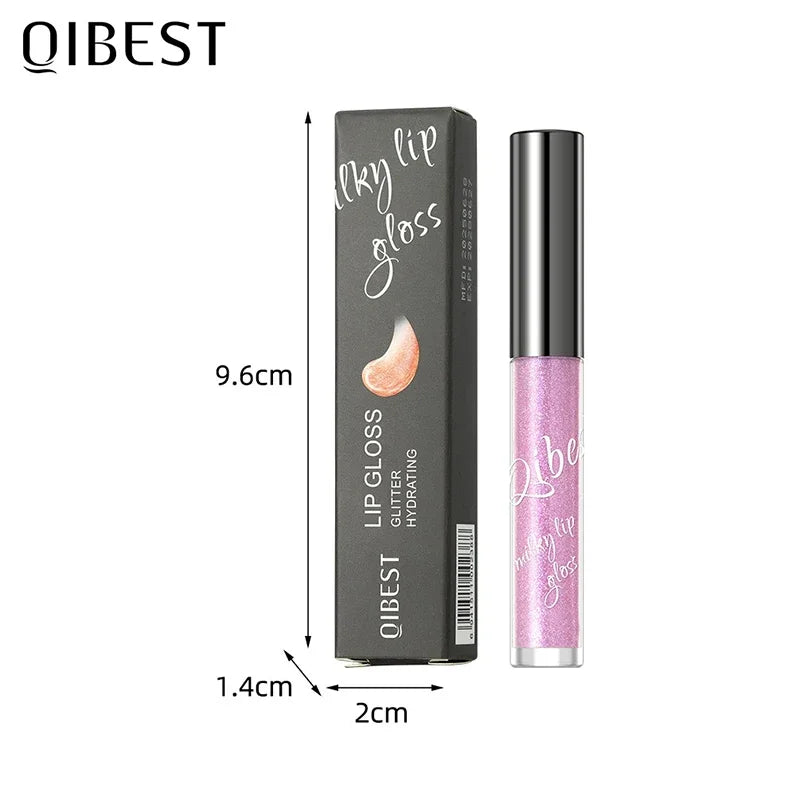 Shimmering taro purple lip gloss with gold sparkles and glassy jelly finish in its QIBEST packaging.