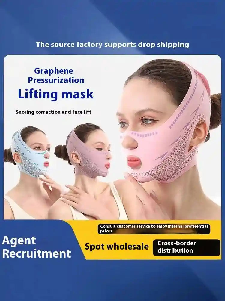 Three models wearing pink, purple, and blue V-line facial lifting masks with textured fabric and chin cutouts.