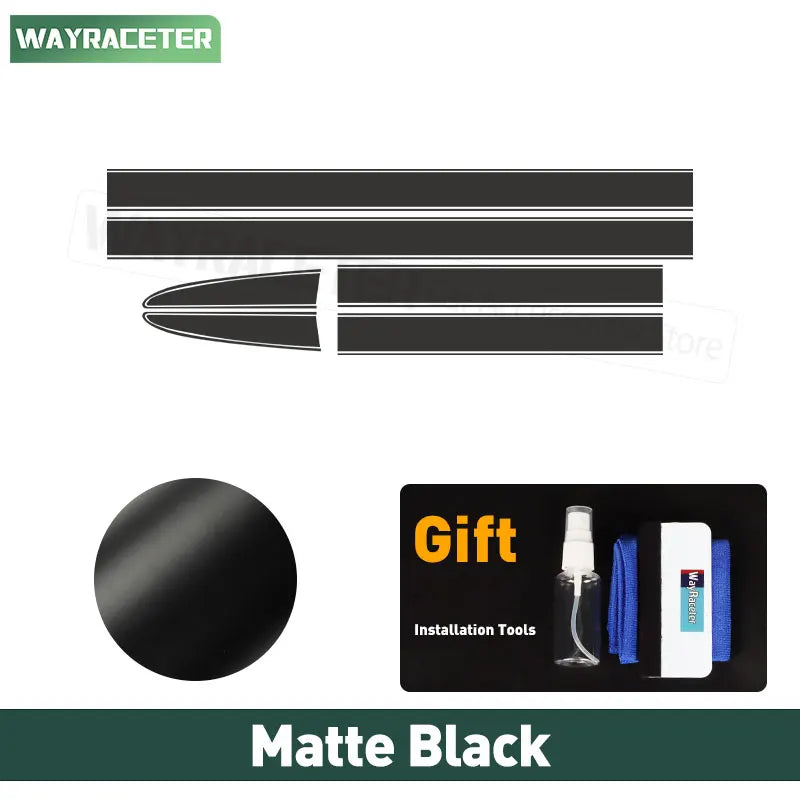 Matte black vinyl stripe decals for Fiat 500, including installation tool kit with spray bottle and squeegee.