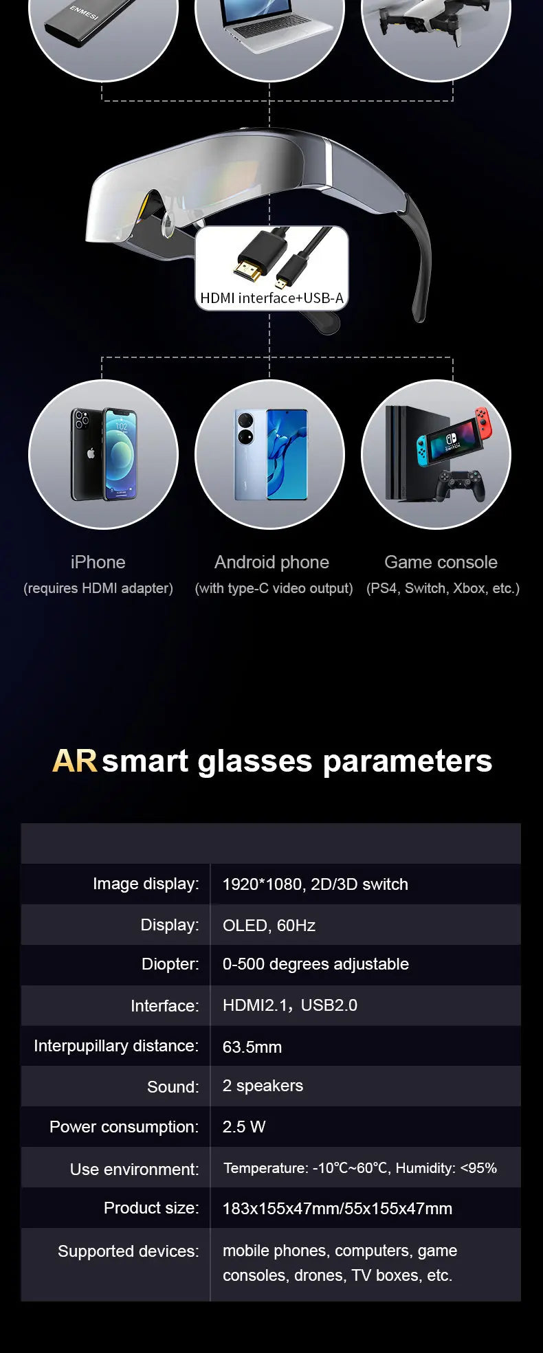 VR Headset 3D Smart Glasses | HD Spatial Display - Black Tidesmit