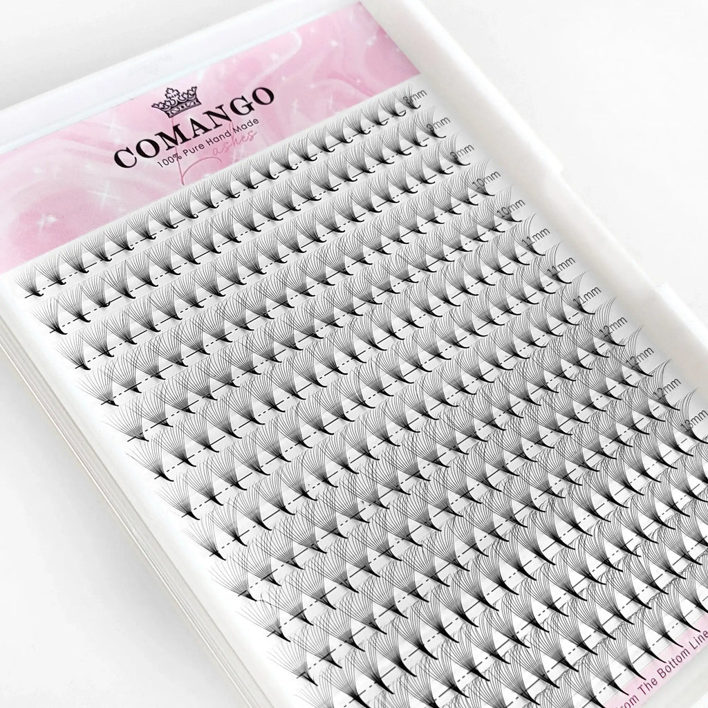 Tray of black synthetic pre-made lash fans in assorted lengths from 8mm to 13mm for professional eyelash extensions.