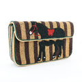 Bohemian beaded flap shoulder bag with brown striped pattern and black horse motif for daily use. Designer handbag.