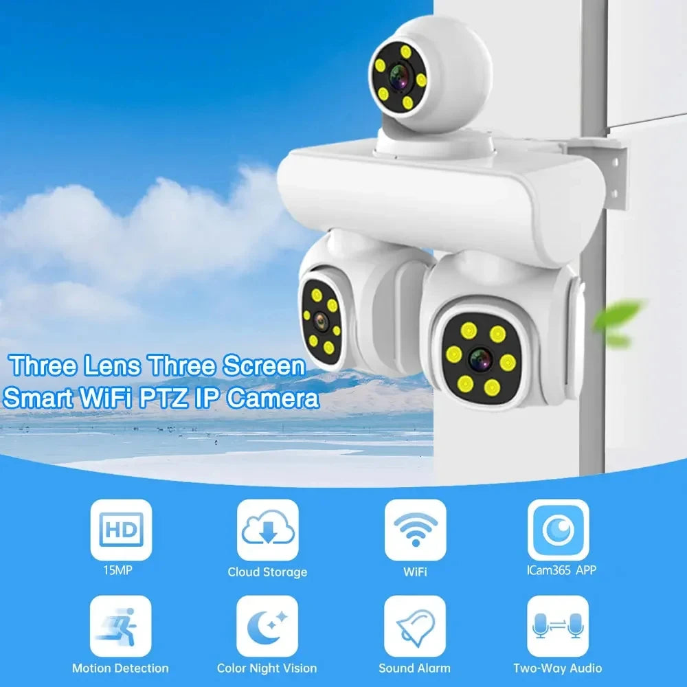 15MP Wireless Three Lens Three Screen Outdoor ICam365 APP PTZ IP Camera Surveillance Camera With Auto Tracking
