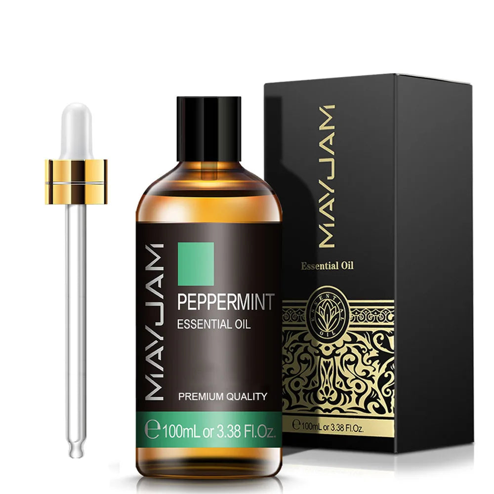 100 mL peppermint essential oil bottle with gold cap and matching dropper