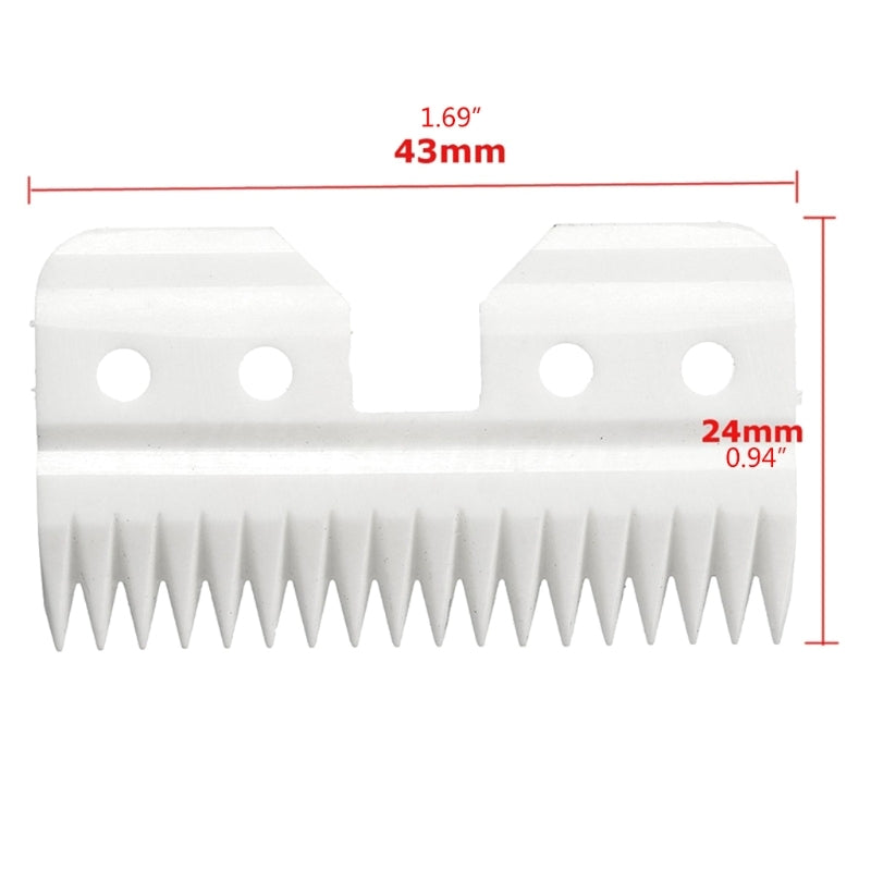 White ceramic replacement cutter for A5 pet grooming clippers, 43mm x 24mm for precise and cool animal hair trimming.