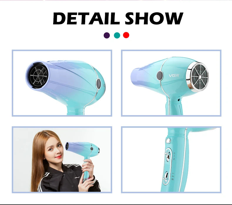 VGR V-452 professional negative ion hair dryer, 2400W powerful styling tool in blue gradient with chrome details.