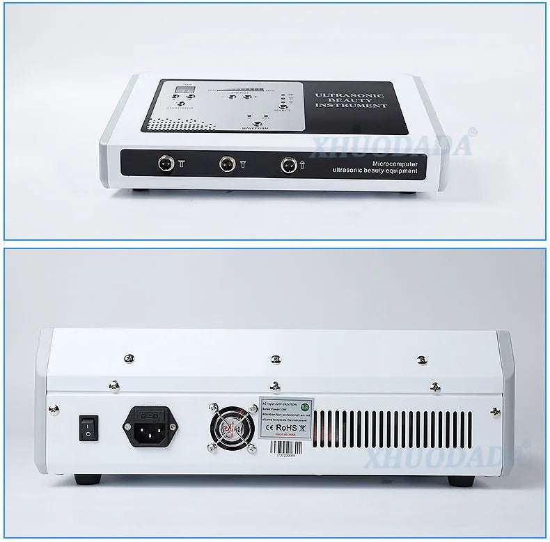 White 3-in-1 ultrasonic facial beauty device with control panel, power ports, and rear cooling fan for skincare.