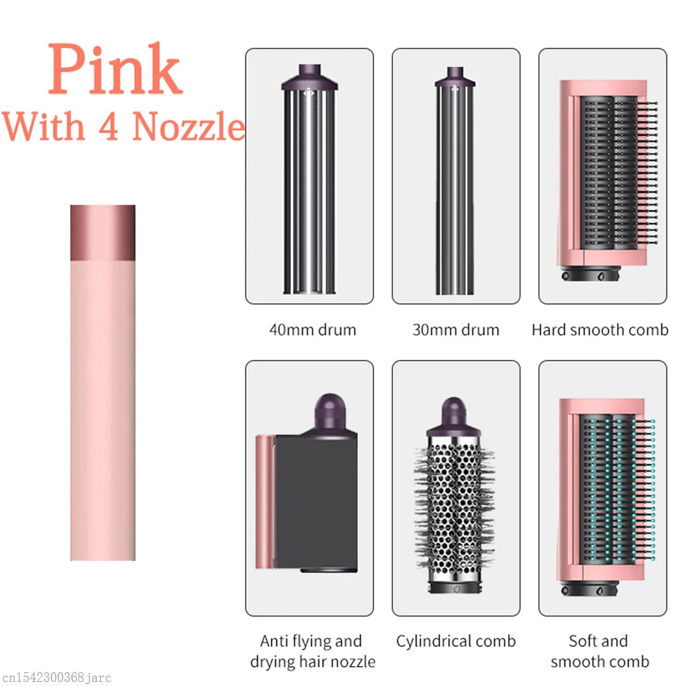 SenCiciMen X9 pink hair styler set with 4 attachments: curling drums, smoothing combs, and dryer nozzle for styling.