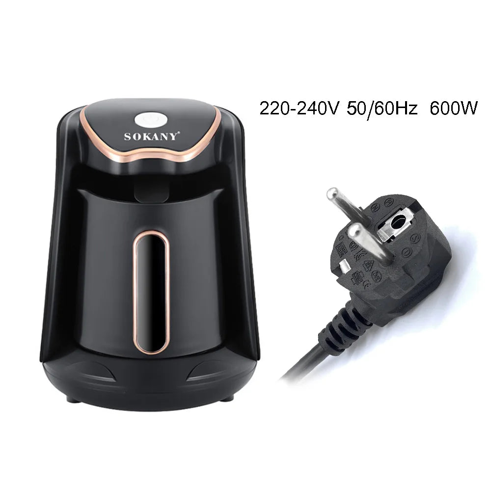 Sokany 600W black electric Turkish coffee maker with rose gold accents and European power plug.