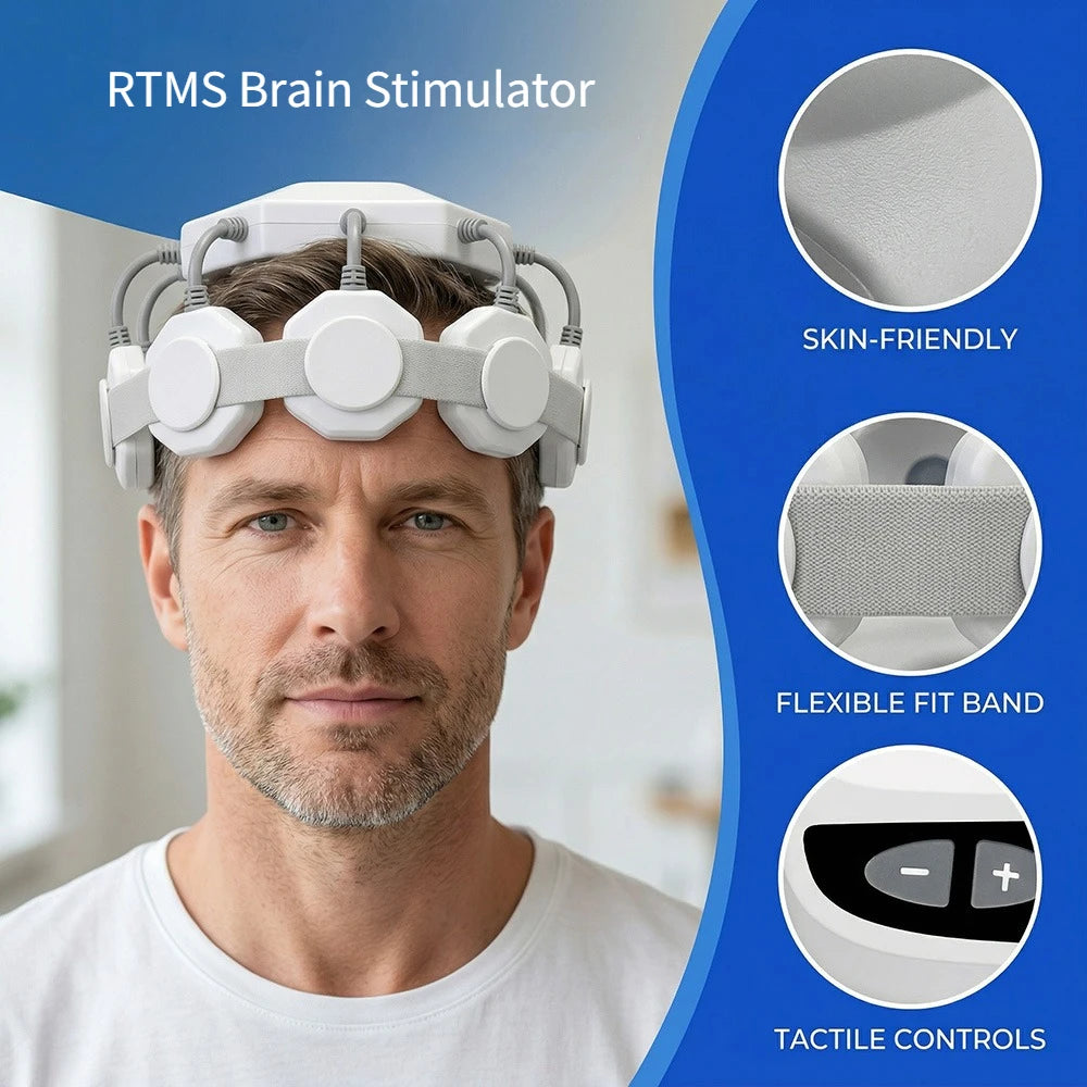 GOVW white non-invasive RTMS brain stimulator headset with flexible band and tactile controls for home therapy.