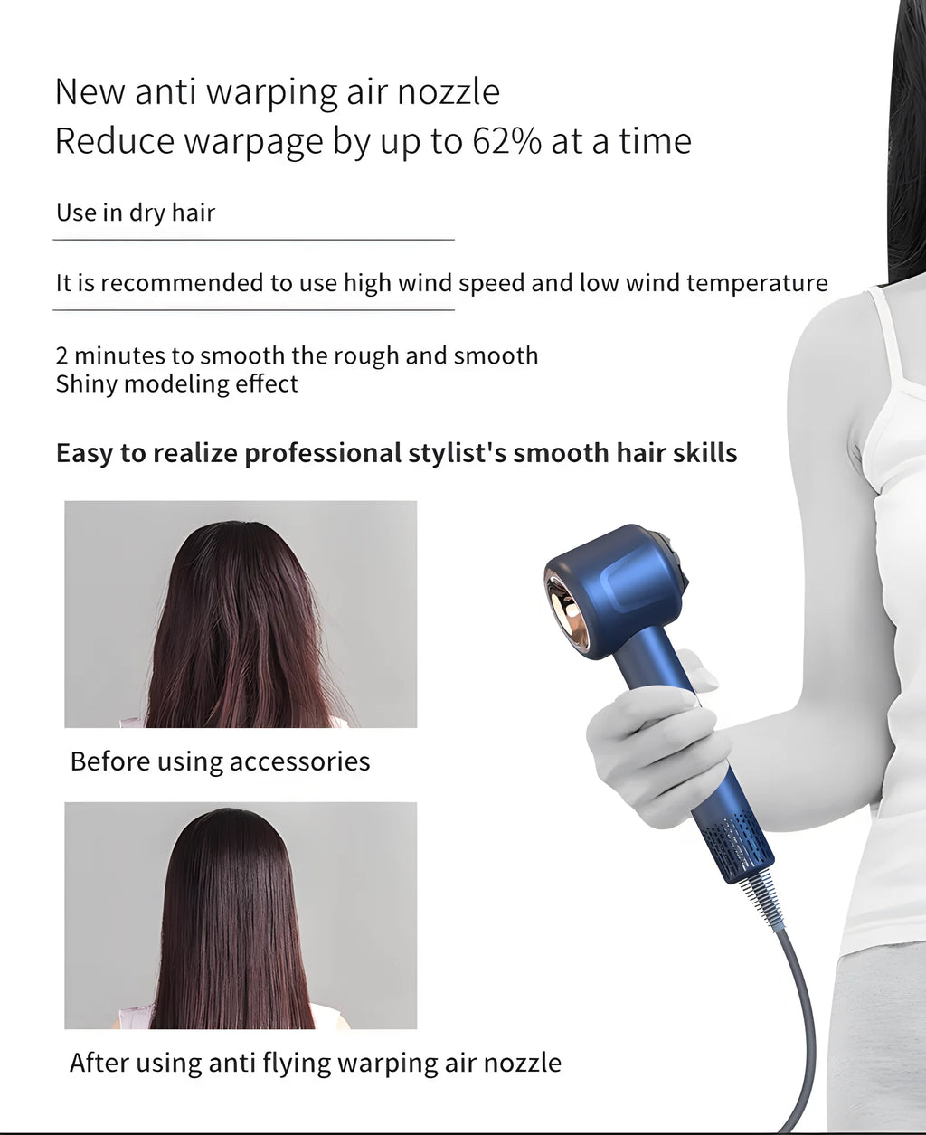 Blue 1600W silent ionic hair dryer with anti-warping nozzle for professional, smooth, shiny results at home.