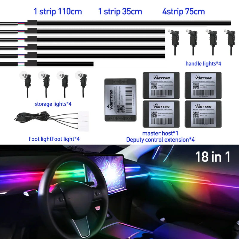 18-in-1 LED car ambient light kit with black light strips, controllers, and modules for interior dashboard decoration.