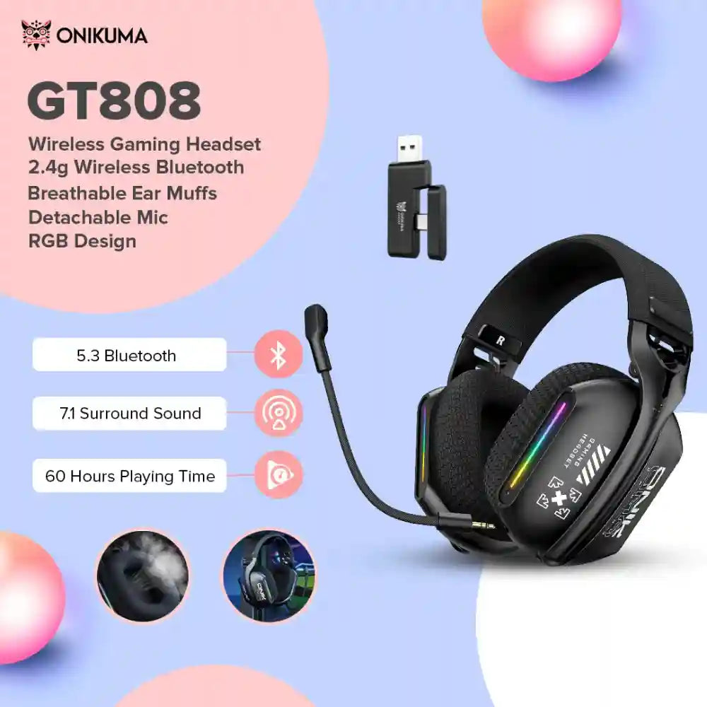 Tidesmit GT808 Wireless Gaming Headphones - Low Latency Over-Ear Black Tidesmit
