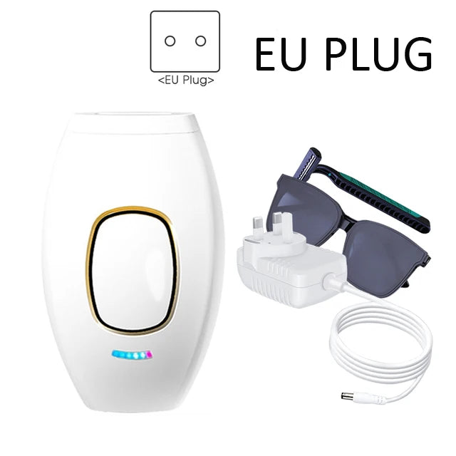 White IPL laser hair removal device with EU plug, protective glasses, and razor for painless home body hair removal.