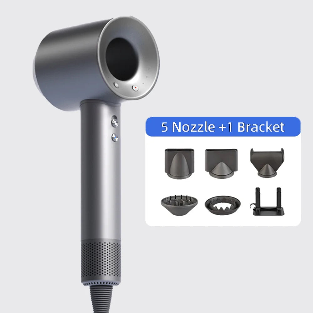Grey high-speed ionic hair dryer with 5 nozzles and bracket, portable bladeless design for fast, silent drying.