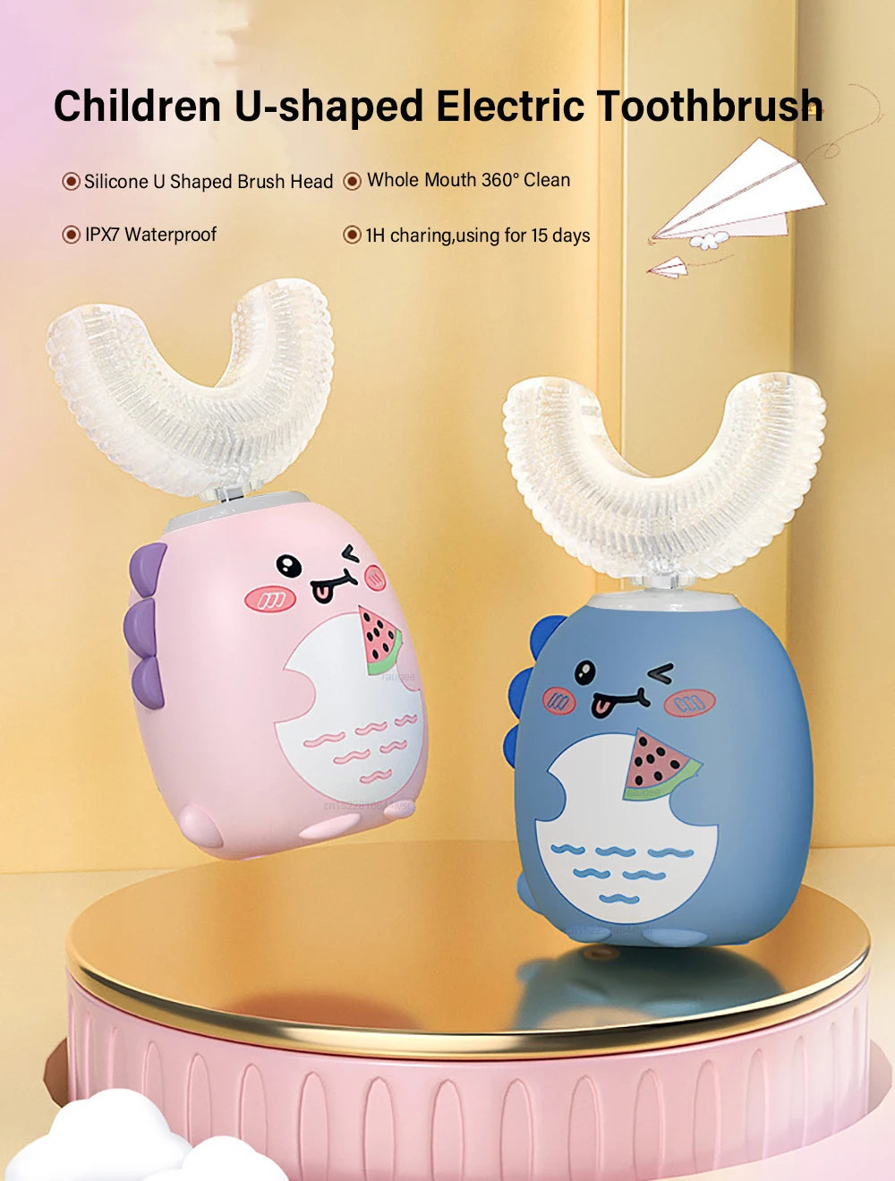 Children U-shaped Electric Toothbrush 360°Automatic Electric Toothbrush Rechargeable Smart Blue Light IPX7 SiliconeToothbrush