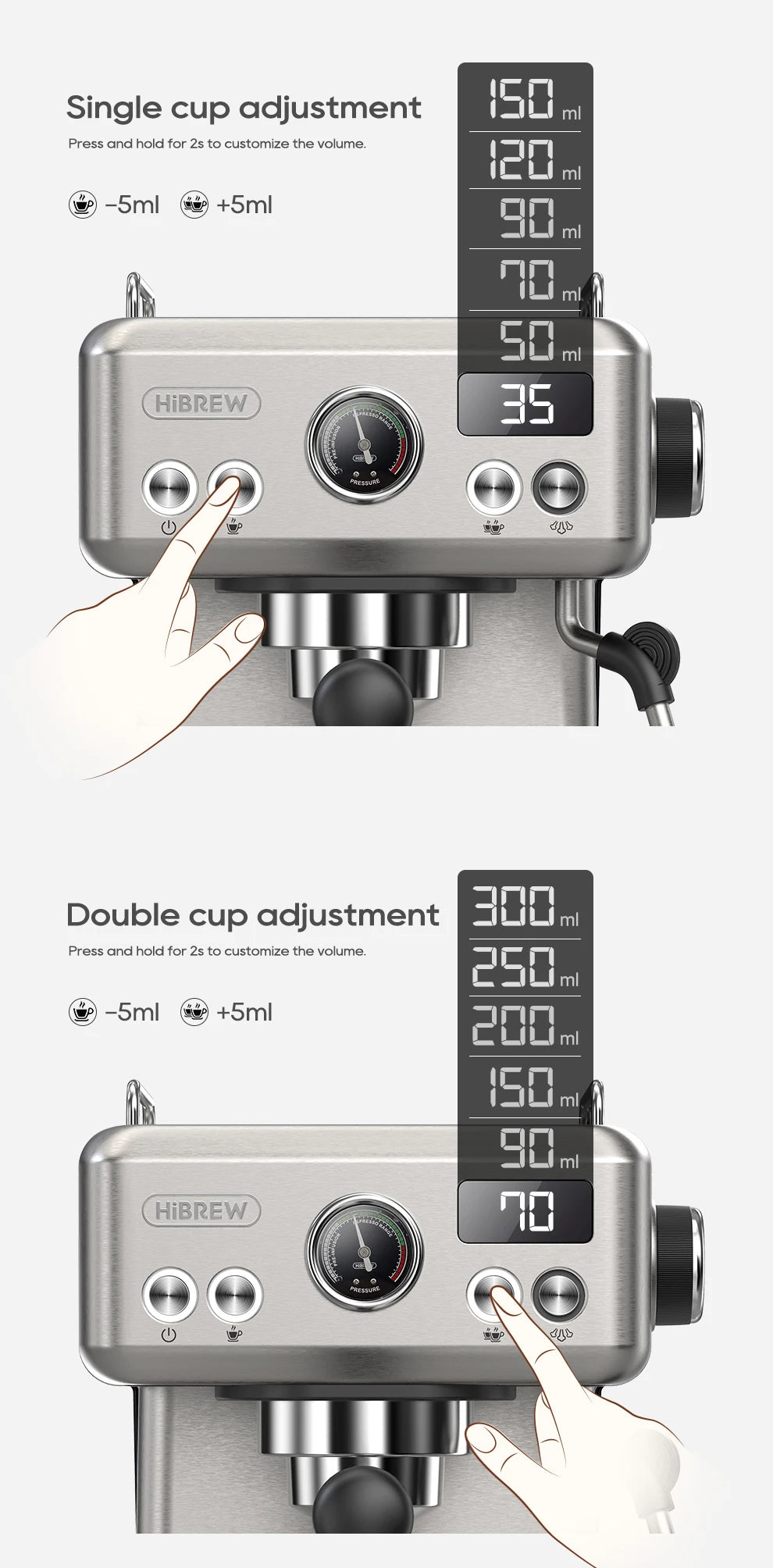 HiBREW stainless steel espresso machine showing single and double cup volume adjustment settings on digital display.