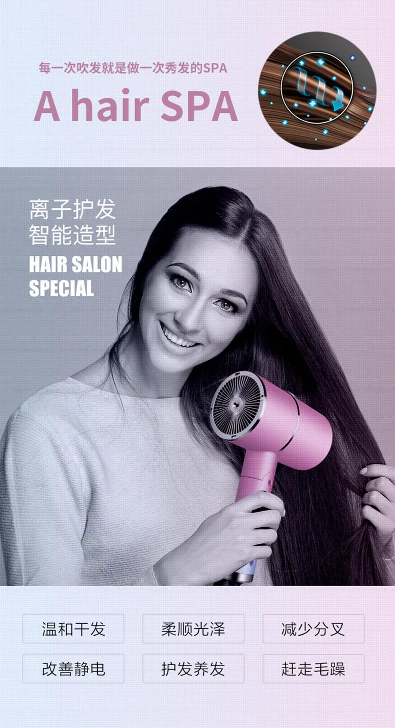 Pink foldable ionic hair dryer with blue light technology for quick-drying, salon-quality hair care.