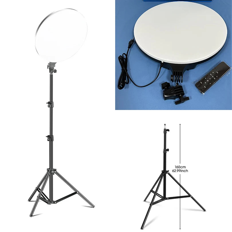 Round LED panel light on a black 160cm adjustable tripod stand with remote control for studio or video photography.