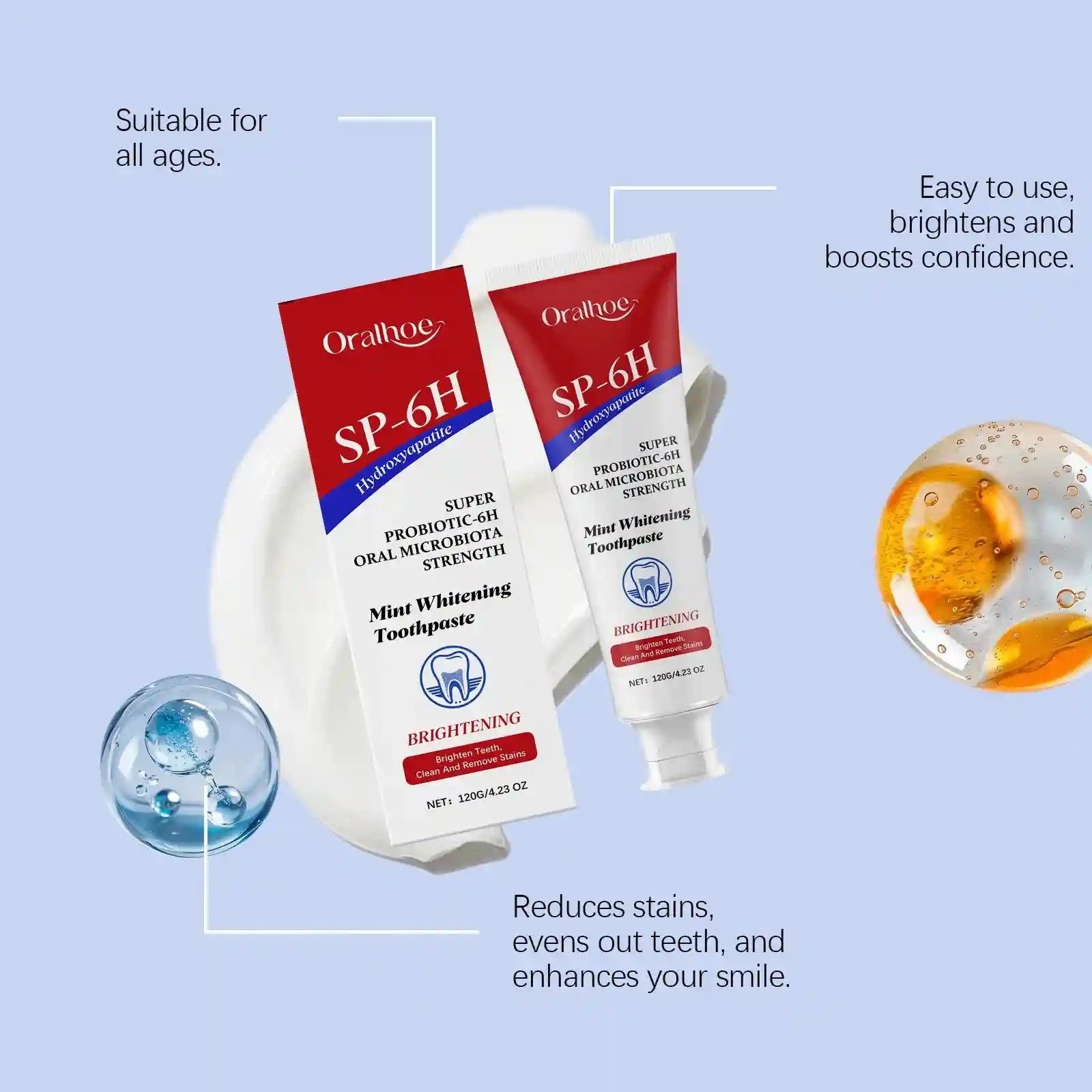 Tidesmit SP-6 Probiotic Whitening Toothpaste for plaque removal, stain brightening, and fresh breath oral hygiene.