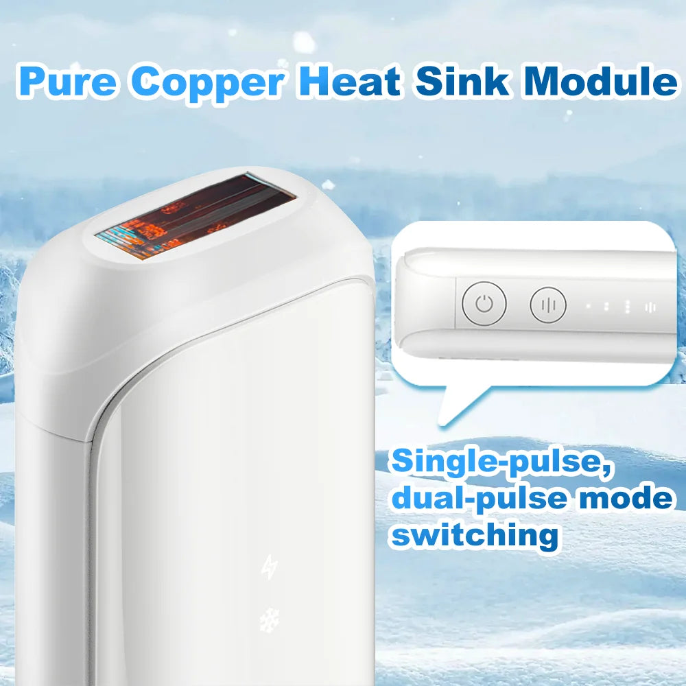White handheld hair removal device with copper heat sink, power and pulse mode buttons, and pulse display indicator.