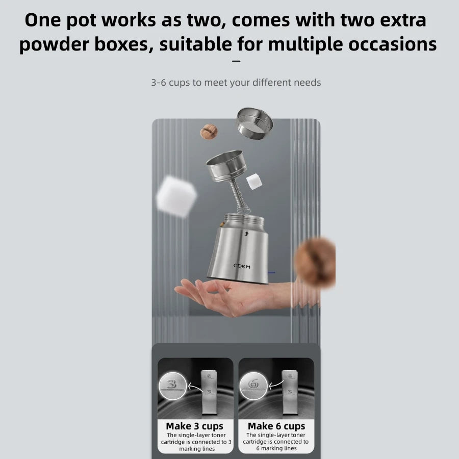CDKM stainless steel moka pot, 3-6 cup capacity with interchangeable powder cartridges for flexible coffee brewing.
