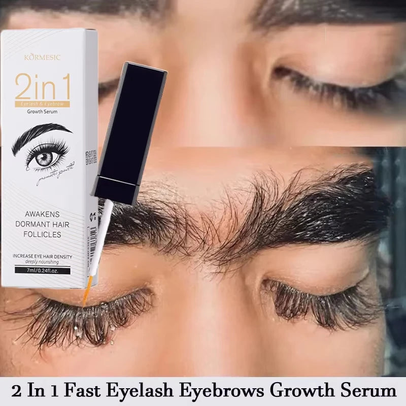 2-in-1 eyebrow and eyelash growth serum bottle with applicator, promoting thicker, longer lashes and fuller eyebrows.