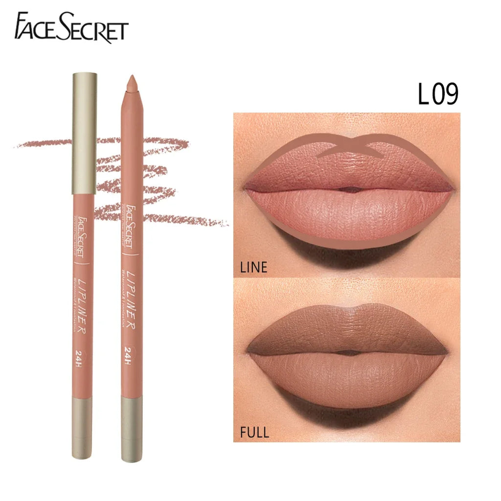 Face Secret waterproof matte lipliner pencil L09 in a neutral nude shade for long-lasting velvet lip makeup.